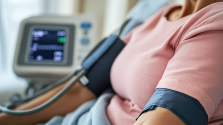 A closeup of a woman's arm in a sphygmomanometer cuff, the electronic monitor active during a blood pressure test.の素材