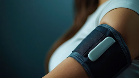 A closeup of a digital blood pressure cuff inflating on a woman's arm, capturing the healthcare process.の素材