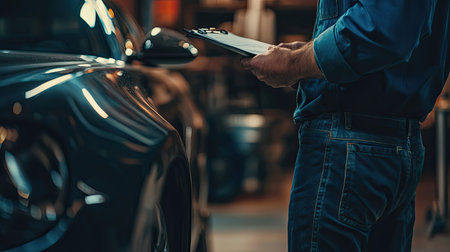 A mechanic in a workshop, using a clipboard to list out the required car repairs for a clientの素材