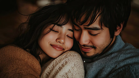 A cozy moment of an Asian couple relaxing together, the woman resting her head on the man's chest, both smiling peacefullyの素材