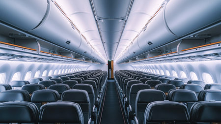 A perspective view down the aisle of an empty airplane, capturing the symmetrical arrangement of seats and overhead binsの素材