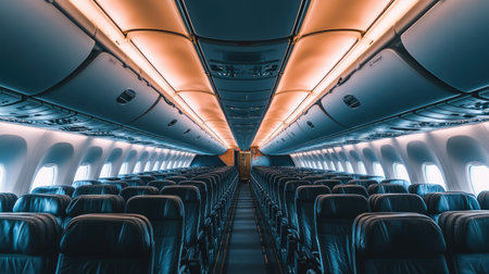 A panoramic view of an empty airplane cabin, highlighting the seat rows and overhead compartmentsの素材