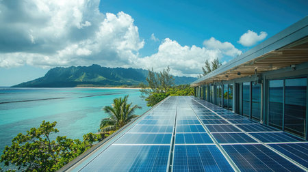 A line of photovoltaic panels on a hotel rooftop, capturing sunlight on a tropical island.の素材