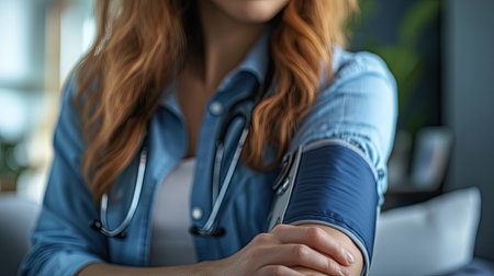 A closeup of a sphygmomanometer cuff squeezing a woman's arm, with a focus on the display showing her blood pressure.の素材