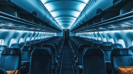 A panoramic view of an empty airplane cabin, highlighting the seat rows and overhead compartmentsの素材