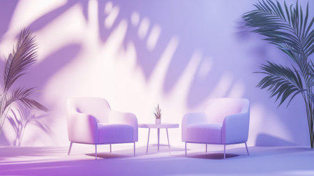 Elegant studio setup with a white and purple background, featuring leaf shadows for a modern and serene ambiance.の素材