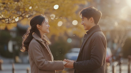 A romantic shot of an Asian couple holding hands, the man looking at his fiancae with a loving smile, while she blushesの素材