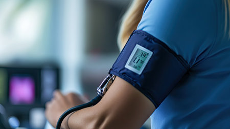 A woman's arm with a sphygmomanometer cuff, inflating during a blood pressure test, with focus on the digital display.の素材