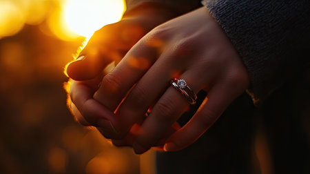 A romantic scene of a couple's hands, with their wedding rings reflecting the golden hues of the setting sunの素材
