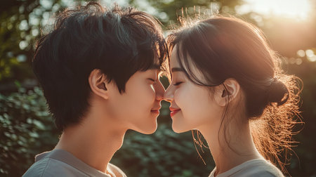 A young Asian couple sharing a soft, tender kiss, their eyes closed and expressions full of love and contentmentの素材