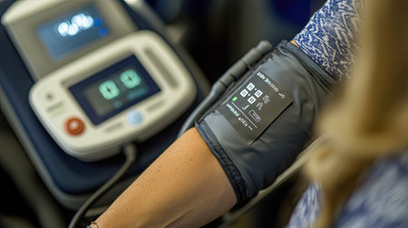 A woman's arm with a digital blood pressure cuff, inflating and showing results on the monitor.の素材