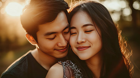 A romantic photo of an Asian man gently holding his fiancae's face, leaning in for a kiss with a loving expressionの素材