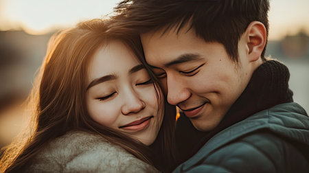 A tender embrace between a young Asian couple, the man holding his fiancae tightly as they close their eyes and smileの素材