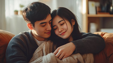 A young Asian couple cuddling on a couch, the man wrapping his arms around his fiancae as they share a cozy, happy momentの素材