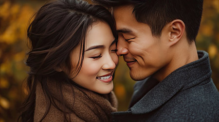 A sweet moment as an Asian man gently kisses his fiancae's forehead, their faces close and smiles full of affectionの素材