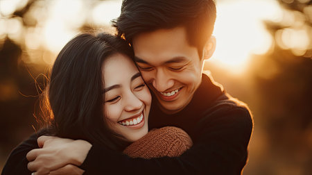 A warm hug between a young Asian couple, the man smiling as he holds his fiancae close, both enjoying the comfort of their embraceの素材