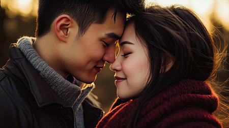 A romantic photo of an Asian man gently holding his fiancae's face, leaning in for a kiss with a loving expressionの素材