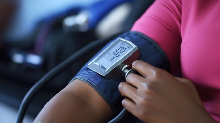 A woman's arm in a sphygmomanometer cuff, inflating during a blood pressure check, with the digital display active.の素材