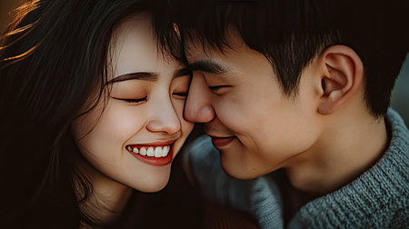 A young Asian couple, eyes closed and smiling, sharing an affectionate nose touch, expressing their deep connectionの素材