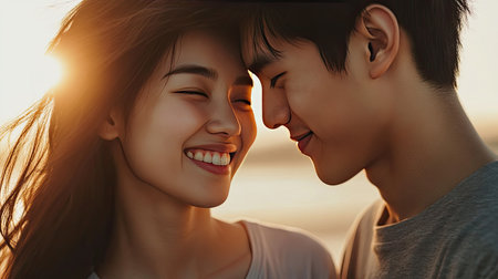 A young Asian couple, smiling and gazing into each other's eyes, sharing a tender moment of love and happiness while cuddling closelyの素材