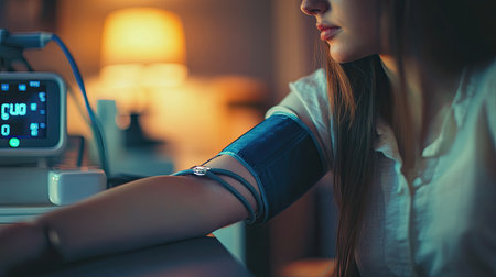 A woman's arm with a sphygmomanometer cuff, inflating during a blood pressure test, with focus on the digital display.の素材