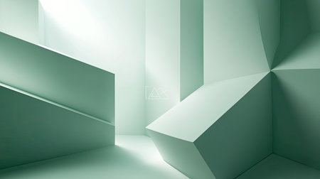 Abstract 3D light green background with geometric shapes and light shadows, creating a sense of depth and elegance.の素材