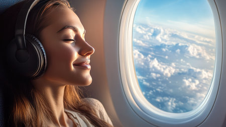A woman enjoying her flight, wearing wireless headphones and smiling, with a serene view of the sky through the windowの素材
