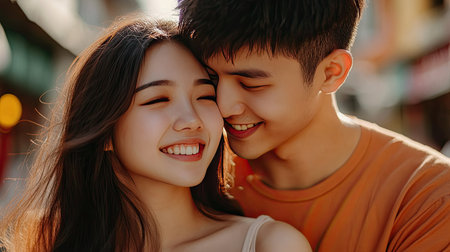 A young Asian couple embracing, the man smiling as he looks at his fiancae with love, while she leans in for a kissの素材