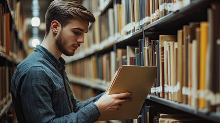 A young man in an archive, selecting a folder with documents from a row of shelves.の素材