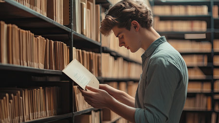 A young man browsing through folders in an archive, carefully pulling out a specific file.の素材