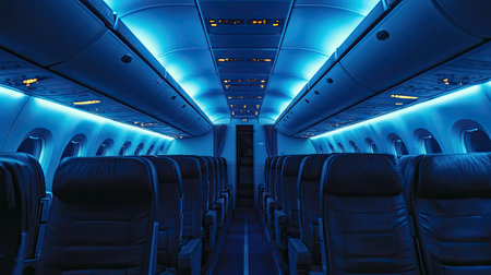 A view of an empty airplane cabin during nighttime, with mood lighting creating a calm and serene atmosphereの素材