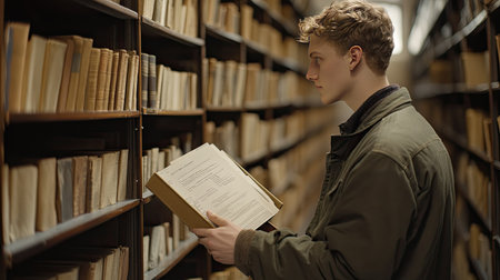 A young man standing in an archive, taking a folder with documents off the shelf.の素材