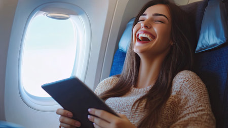 A beautiful woman, laughing and enjoying her flight, using a tablet for entertainment, with a comfortable and happy demeanorの素材