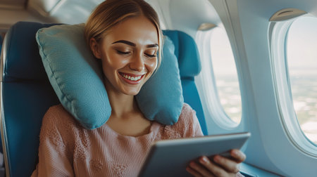 A beautiful woman enjoying her airplane journey, smiling as she watches a movie on her tablet, with a travel pillow around her neckの素材
