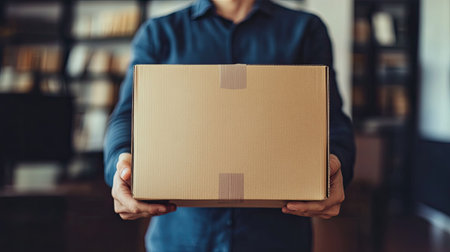 A businessman's hands gripping a cardboard box with personal items, capturing the moment of departure after a layoff.の素材