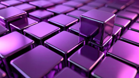 3D purple background with metallic cubes and a reflective surface.の素材