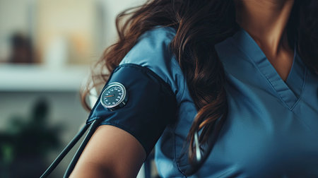 A closeup of an inflating blood pressure cuff on a woman's arm, capturing the process and monitor readings.の素材