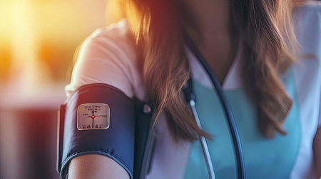 A closeup of a sphygmomanometer cuff squeezing a woman's arm, with a focus on the display showing her blood pressure.の素材