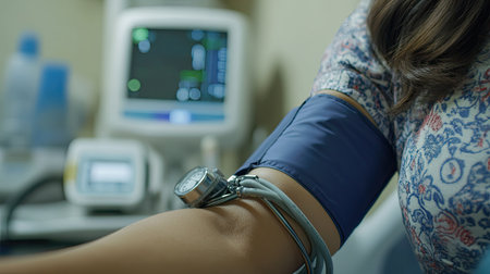 A closeup of a woman's arm in a sphygmomanometer cuff, the electronic monitor active during a blood pressure test.の素材