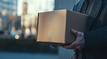 A businessman holds a box of belongings, close-up on his hands as he prepares to leave after being laid off.の素材