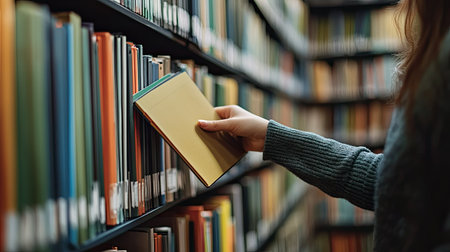 A girl's hand pulling a folder from a row of files on a shelf, taking it down gently.の素材