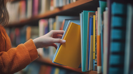 A girl's hand delicately taking a folder off a shelf, with other books and files nearby.の素材