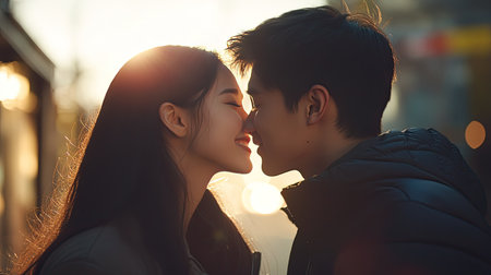 A romantic kiss as a young Asian couple stands close, their faces lit with joy and affectionの素材