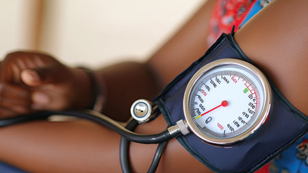 A closeup of a sphygmomanometer cuff squeezing a woman's arm, with a focus on the display showing her blood pressure.の素材