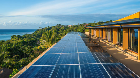 A hotel rooftop lined with solar panels, promoting sustainable living on a tropical island.の素材