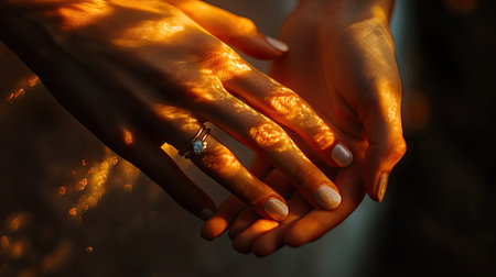 A romantic scene of a bride and groom's hands, fingers gently clasped, wedding rings illuminated by the golden rays of the setting sunの素材