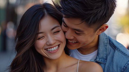 A playful kiss on the forehead as an Asian man leans down to his fiancae, both laughing and enjoying their loving bondの素材