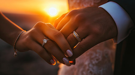 A close-up of a bride and groom's intertwined fingers, with their wedding rings reflecting the golden hues of the sunsetの素材