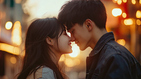 A romantic kiss as a young Asian couple stands close, their faces lit with joy and affectionの素材