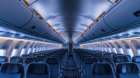 A panoramic view of an empty airplane cabin, highlighting the seat rows and overhead compartmentsの素材